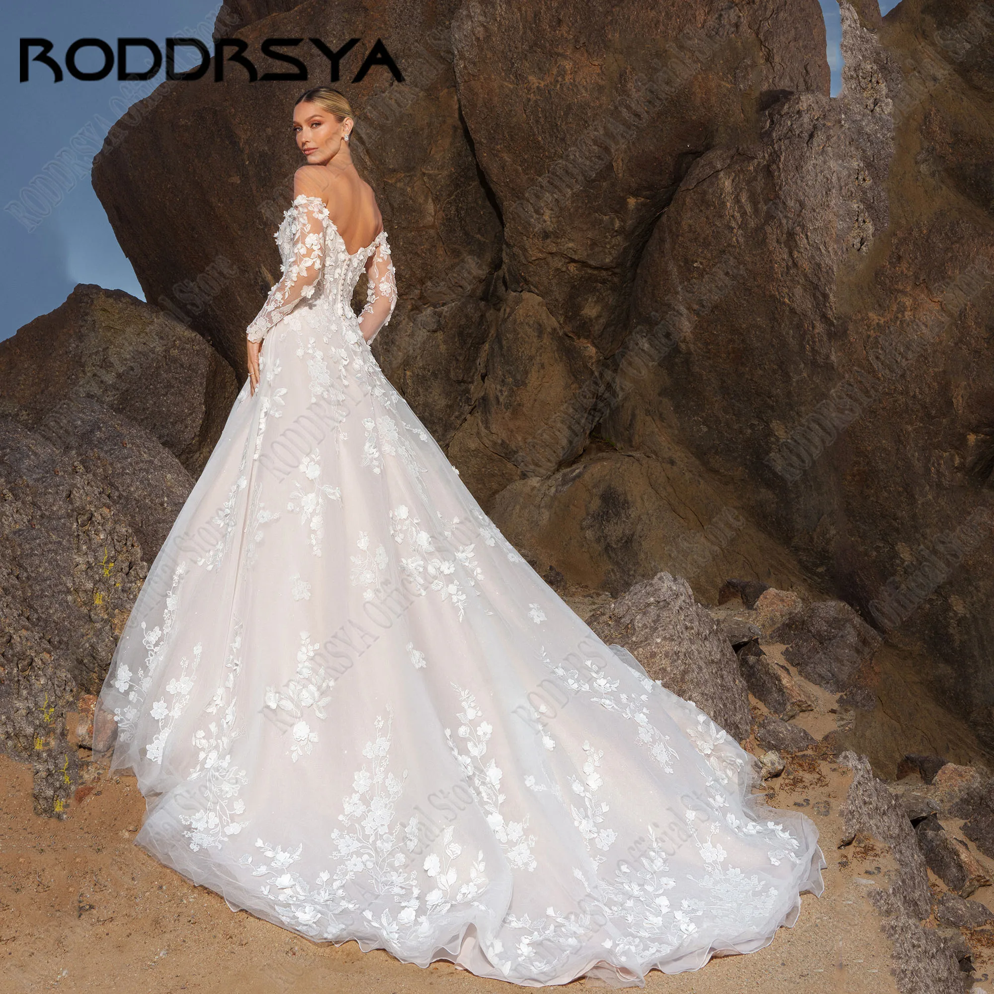 RODDRSYA Personalizado Praia Backless Lace Vestido De Noiva 2025 Noiva Flores A Linha vestidos de novia Luxo Vestido De Noiva Manga LongaRODRSYA Personalizado Praia Backless Lace Vestido de Noiva 2025 Noiva Flores A Li