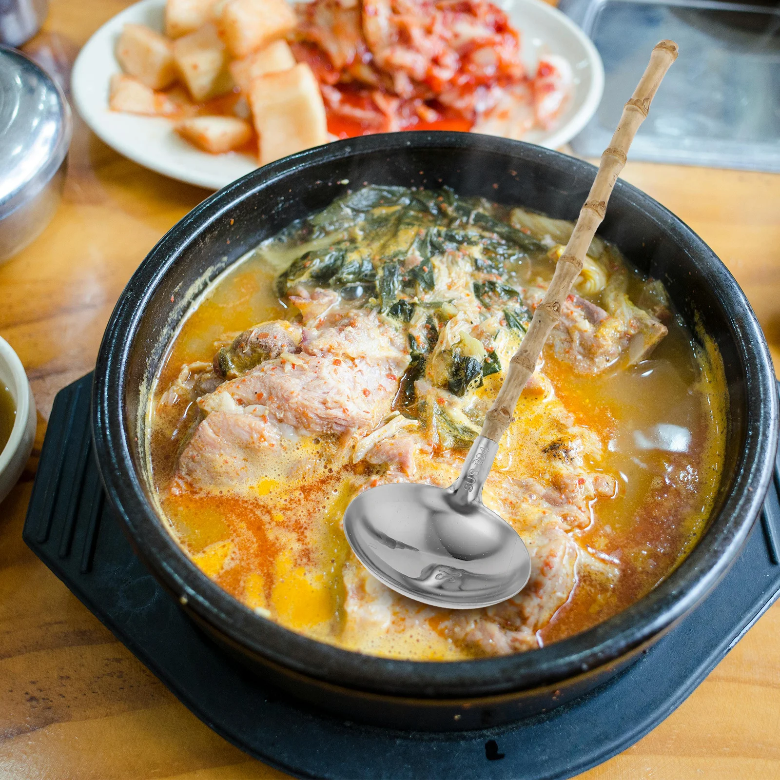 

1pcs Root Spoon 304 Stainless Steel Ladle Wooden Handle For Hot Soup Ladle Spoon Pot Soup Serving Kitchen Utensil