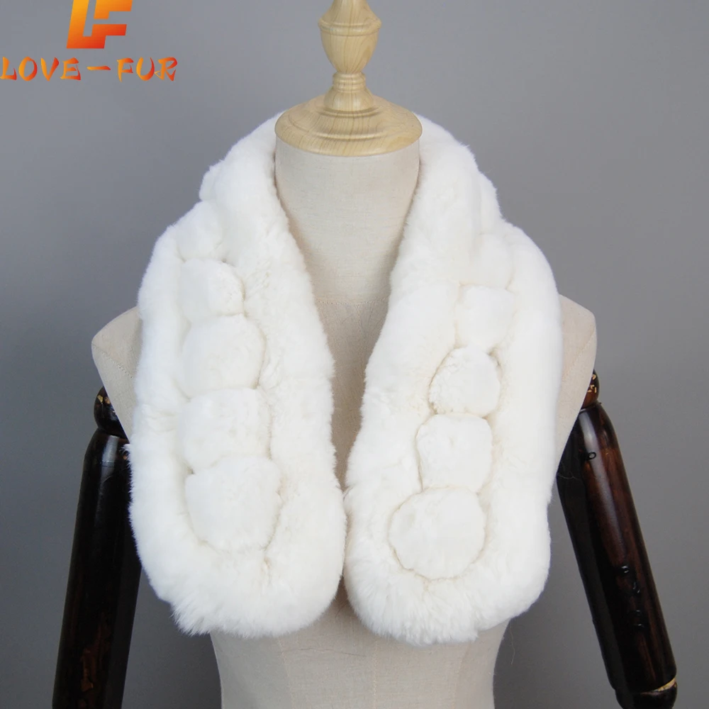 2025 Genuine Rex Rabbit Fur Knitted Scarves Wrap Fur Pom Poms Scarfs Fluffy Warm Soft Fashion Luxury Women's Winter Fur Scarf