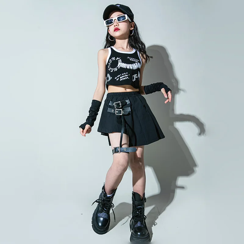 Girls Hip Hop Dance Costume Children Letter Print Black Vest Top Binding Skirt Kids Jazz Street Performance Clothes