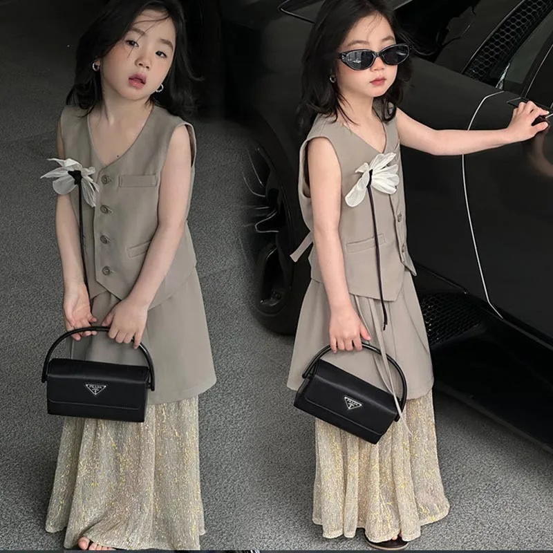 

Suit for Girls Fashion Waistcoat Double-layer Skirt Two-piece Summer 2024 New Korean Design Teenager Children Set 10 12 13 Years