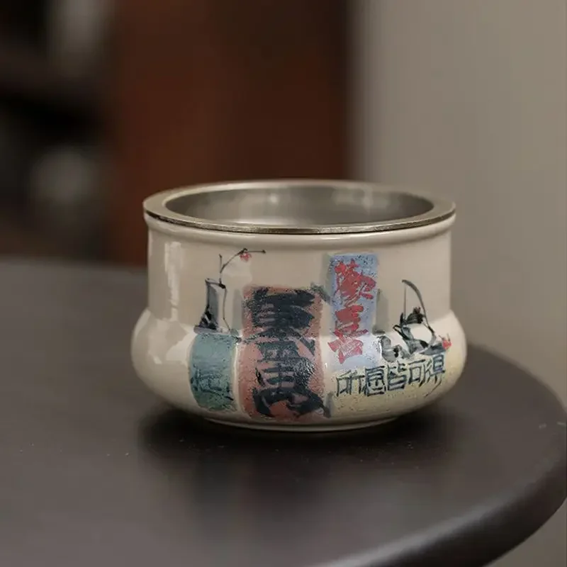 260ml Retro Brocade Gray Ceramic Jianshui Japanese Tea Wash Bowl Retro Writing-brush Washer Chaxi for Tea Supplies Ornaments