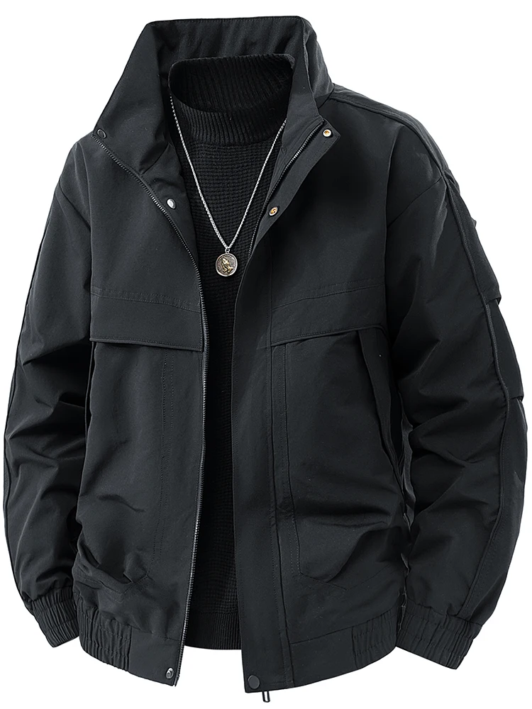2026 New Men Stand Collar Cargo Jacket Multi Pocket Zip Up Elastic Cuff Casual Streetwear Outdoor Windproof Coat