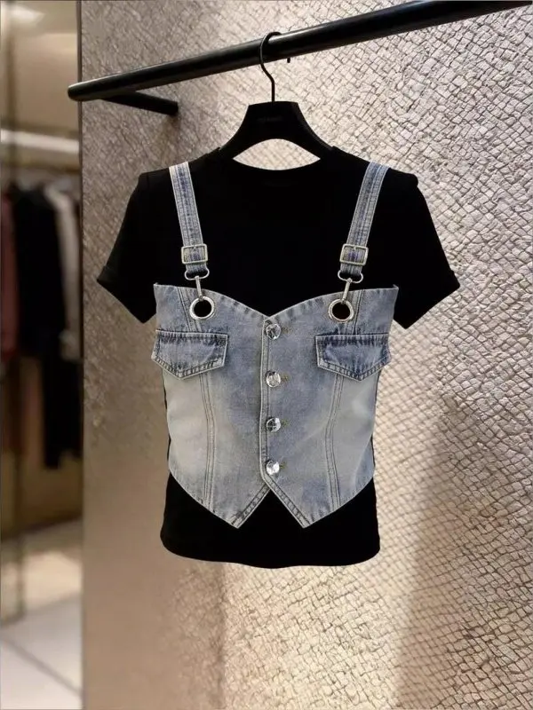 Summer New Women's Short Sleeve T-Shirt Denim Patchwork Base Design Sense Top Korean Style Bottoming Shirt round Neck Pure Color