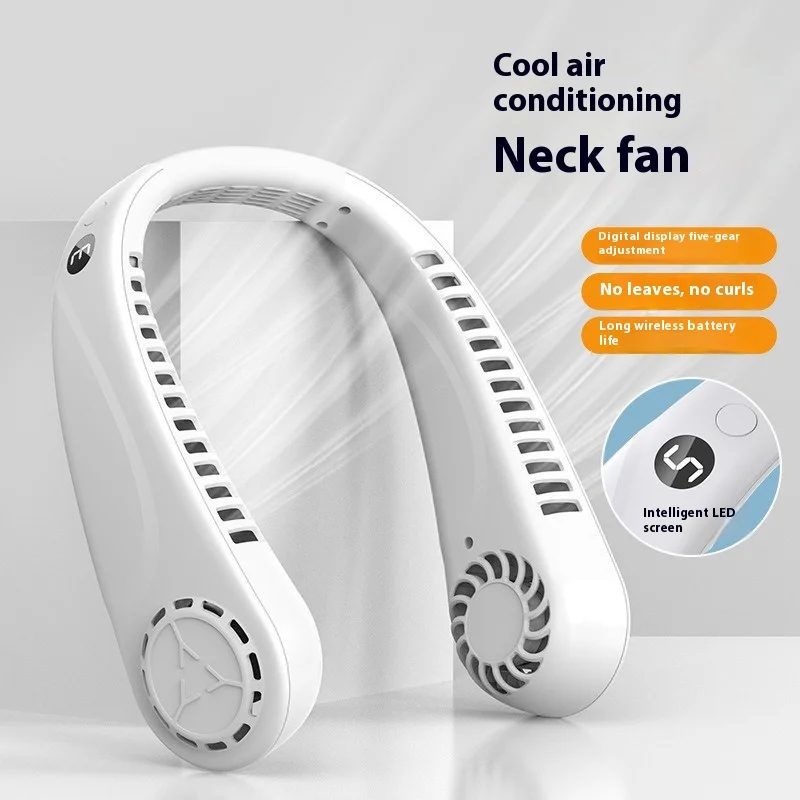 

New 5-speed digital display neck hanging fan outdoor silent long endurance portable leafless USB lazy neck hanging style