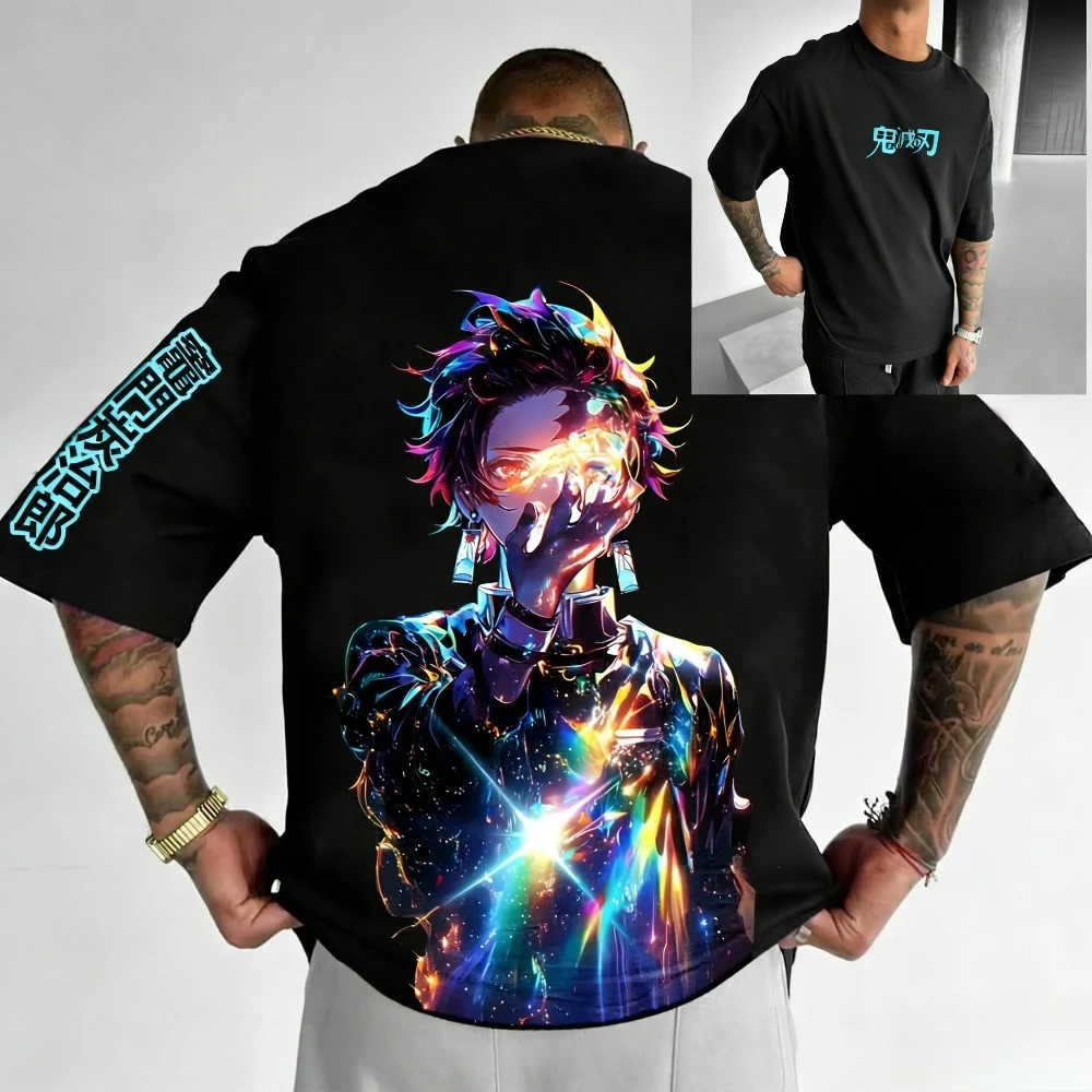 

Футболка из чистого хлопка Demon Slayer Tanjiro Kamado, лето 2026, свободный американский повседневный топ с короткими рукавами и принтом аниме для родителей и детей