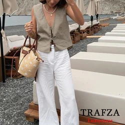 TRAFZA Casual Bow Tie Vest Blazer Women V Neck Sleeveless Bead Vest Fashion 2024 Summer Office Lady Straight Vest Elegant Tops