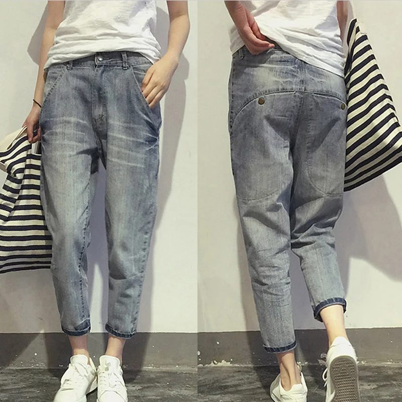 16023 Women\'s Jeans Spring Korean Style Loose Office Ladies Streetwear Solid Color Light Blue Elastic Bleach Scratch Denim Pants