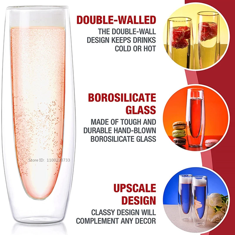 Double Wall Heat Resist Champagne Glasses Set Glass Cup Stemless Sparkling Wine Glasses Transparent Wine Flute for Wedding