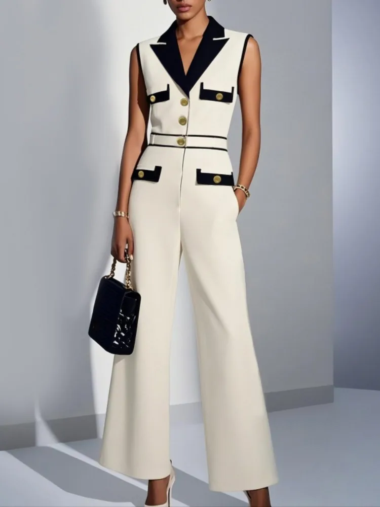 

UOOZEE женский комбинезон без рукавов, новинка 2026, модный контрастный цвет, карманы на пуговицах, широкие штанины, формальный офисный элегантный вечерний комбинезон