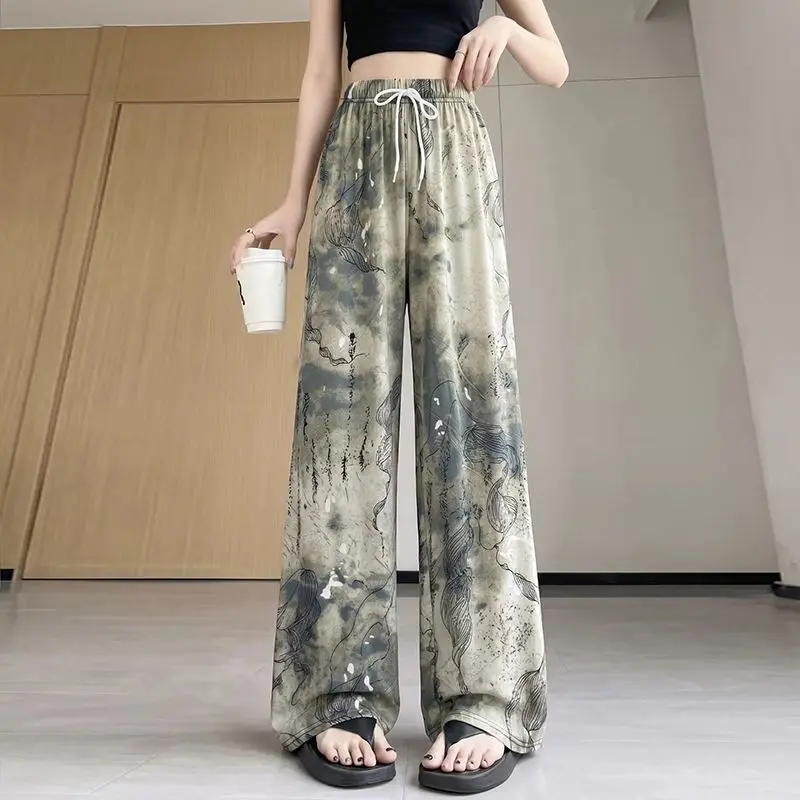 Ice Silk Casual Pants Women 2026 Summer New Thin Retro National Style High Waist Trousers Printed Straight Wide-leg Pants Female