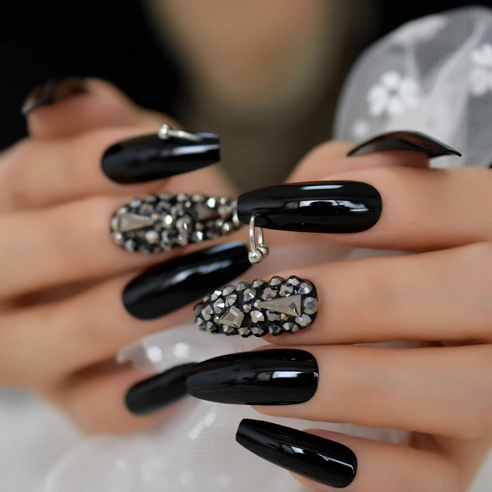 أحجار الراين الفضية الداكنة الأظافر المزيفة أحذية الحصان المعدنية مصممة ABS راقصة الباليه الاصطناعية مسمار الفن نصائح اضافية طويلة نعش أظافر سوداء #2
