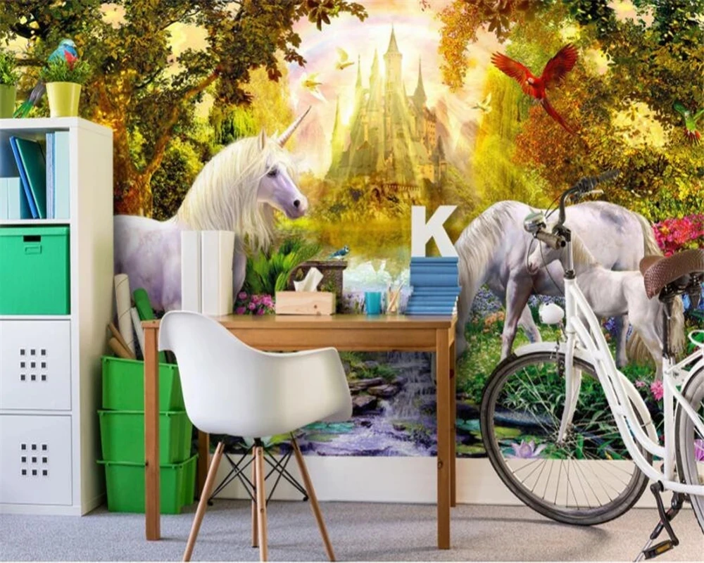 Custom Photo 3d Wallpaper Sunlit Castle Forest Lotus Pond Water Horse Animals unicorn Living room background bedroom restaurant