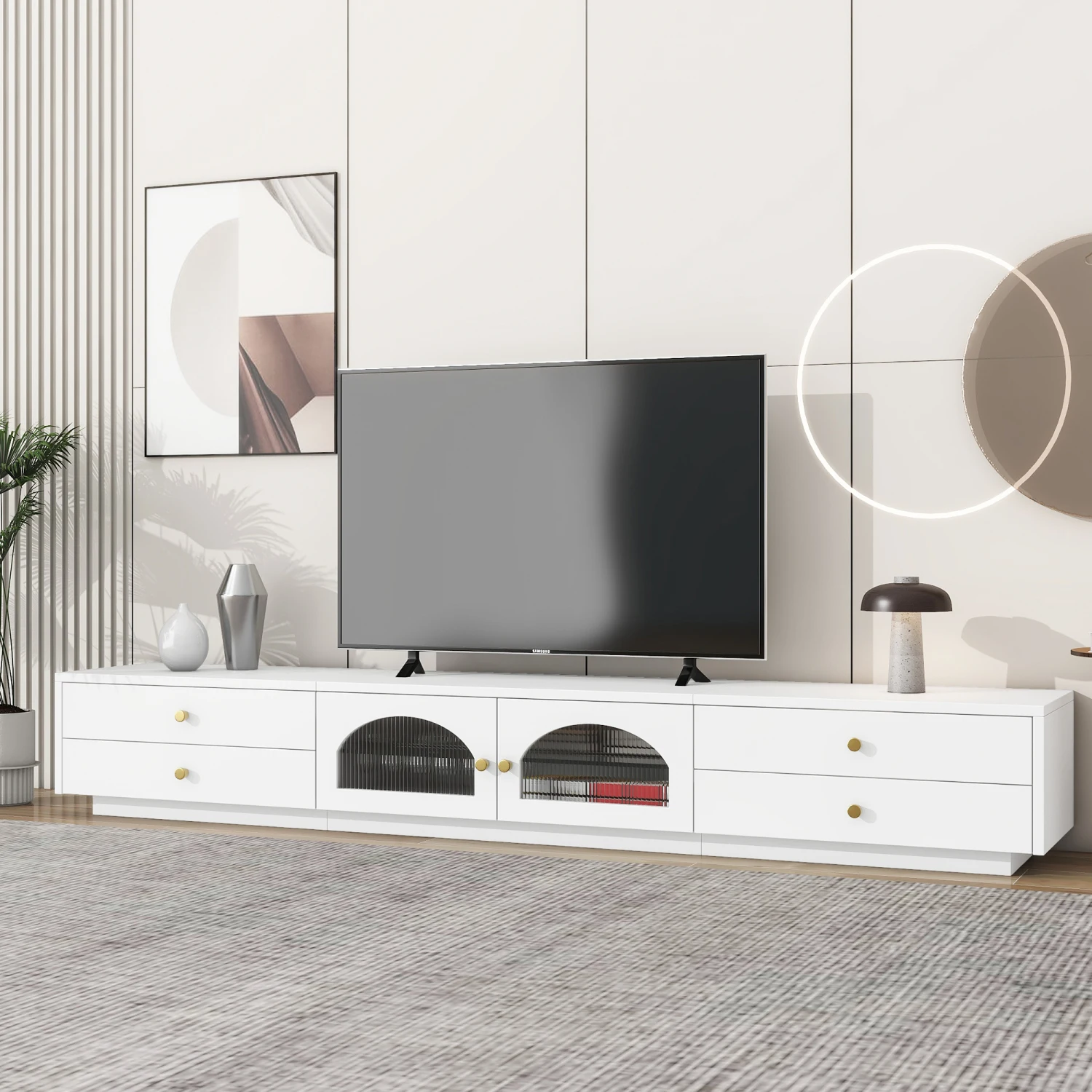 

ON-TREND Luxurious TV Stand with Fluted Glass Doors, Elegant and Functional Media Console for TVs Up to 95'', Tempered Glass She