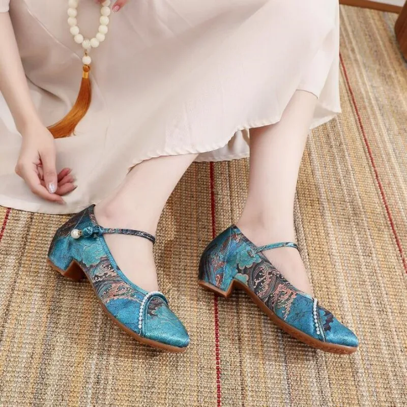 Ladies Embroidered Mid Heel Dress Shoe Ankle Button Strap Mary Jane Pumps for Women Summer Autumn Round Toe Fabric Shoes