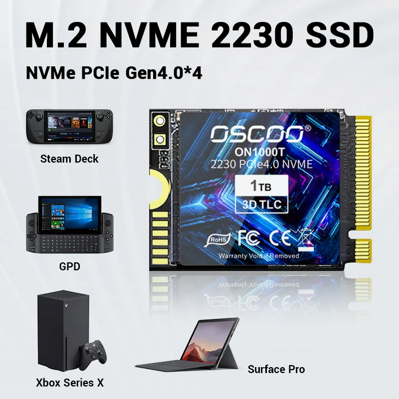 OSCOO 2230 SSD, 마이크로소프트 서피스 프로 X 서피스 노트북 3 스팀 데크용, M.2 NVMe PCIe Gen 4x4 SSD, 1TB, 512GB