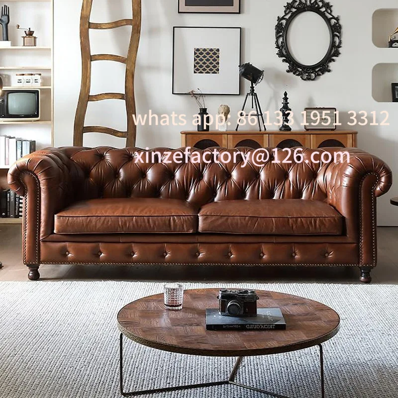 

Customizable leather sofa living room European sofa high-end luxury American retro oil wax leather sofa wholesale