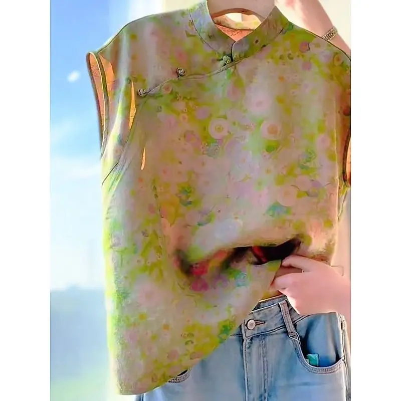 الأزهار المطبوعة الحرير الحرير البلوزات النساء طويلة الأكمام فضفاضة قمم خمر النمط الصيني شيونغسام أعلى المتضخم