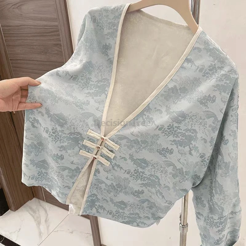 

2025 популярный модный китайский костюм Тан с v-образным вырезом, пальто в стиле ретро, темпераментное осеннее новое пальто с принтом, верхняя одежда с пряжкой в стиле литературы