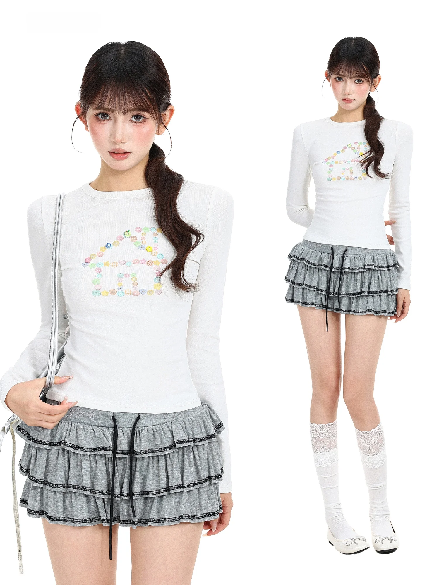 Slim Fit Long Sleeve T-Shirt Women's Early Autumn Design Sense Button Shoulder Top Inner Wear Base Shirt College Style