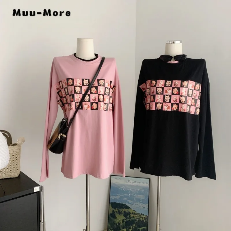 2023 Autumn Winter American Retro Pink Crewneck Fashion LatticeKitten Printing Tops for Women Oversized Long Sleeve Hedging Top