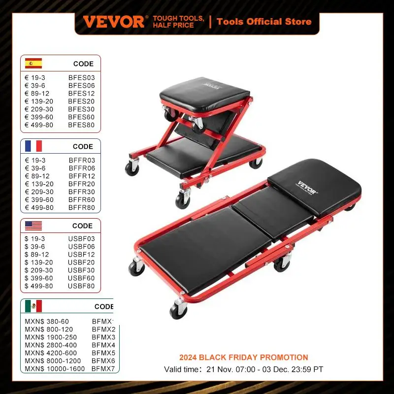 VEVOR Foldable Z Garage Creeper Rolling Folding Mechanic Creeper Stool with 6 Wheels Tool Tray Padded Seat for Garage Shop Home