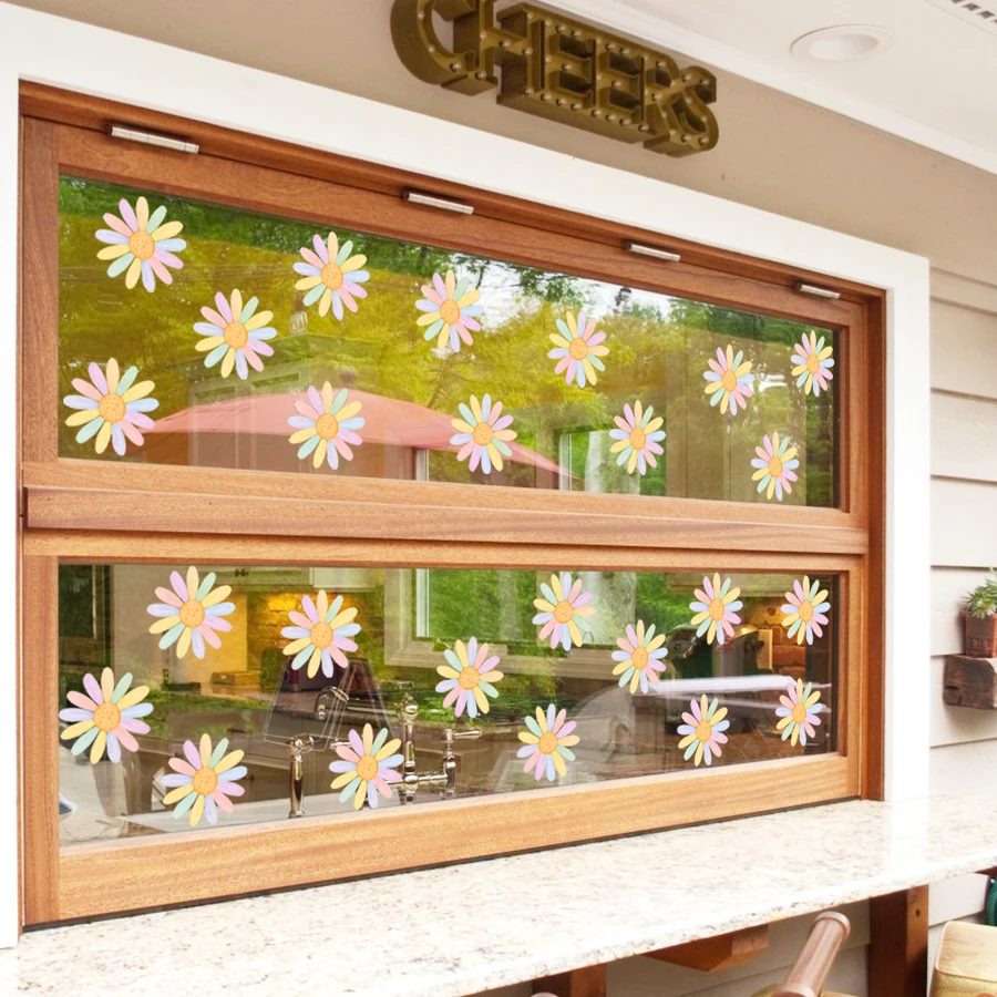 3 Stück statische Fensteraufkleber für Kinderzimmer, Regenbogen-Gänseblümchen-Blumen-Aufkleber, Boho, abnehmbare Vinyl-Glasdekoration für Kinderzimmer, Badezimmer