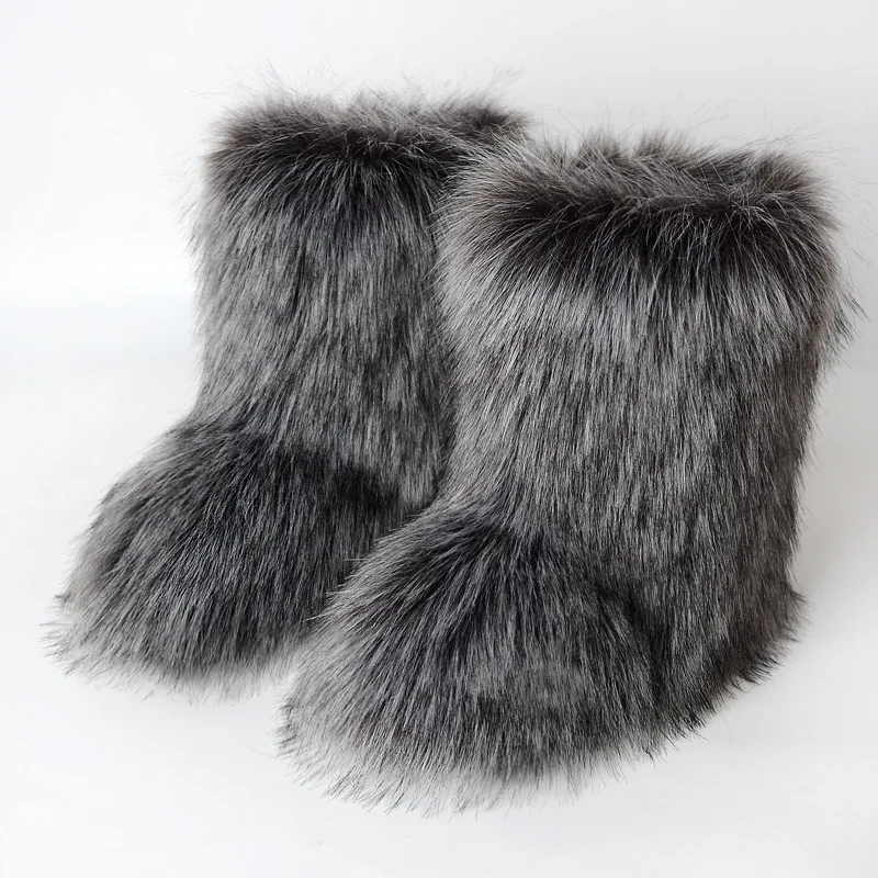 Fashion Y2K Boots Women Winter Furry Thick Warm Fur Snow Boots Round Toe Long Boots Color Plush Faux Fur Snow Boot Girls Shoes