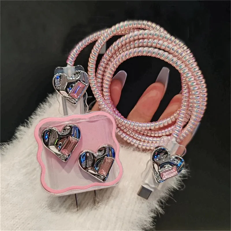 Korea Pink Cute Diamond Love Heart Charger Cover For IPhone 11 12 13 14 15 18W-20W Charge Protection Cover Clear Charger Sleeve