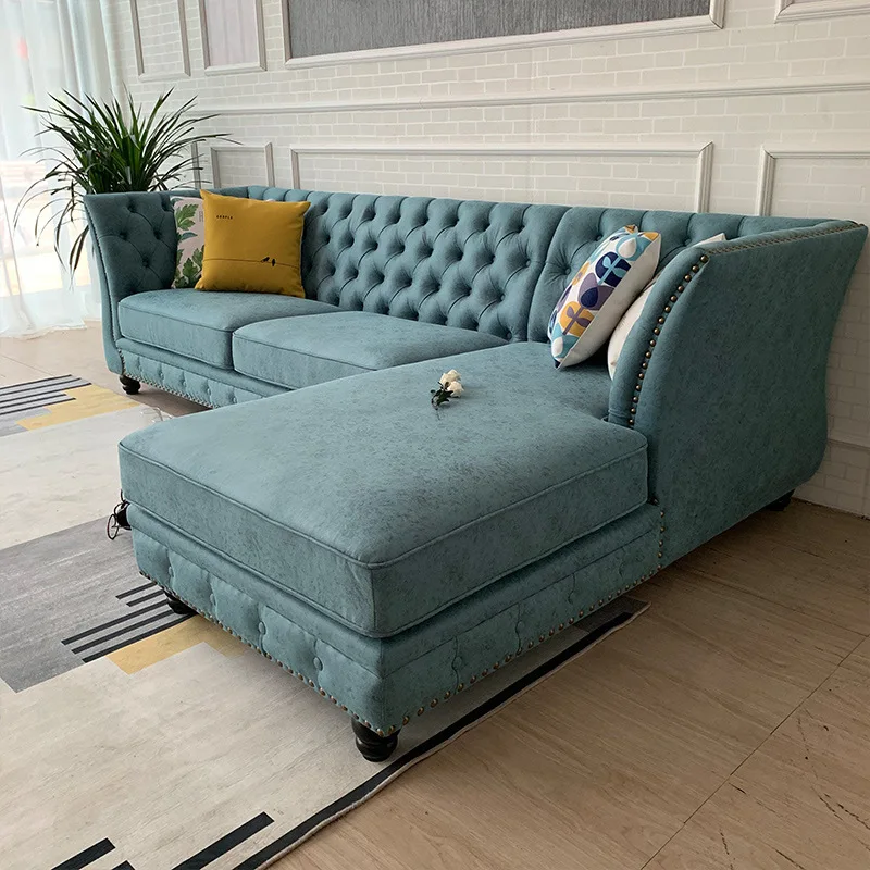 

American rural pastoral style furniture technology cloth, pull buckle rivet l-shaped L-shaped corner, princess seat fabric sofa
