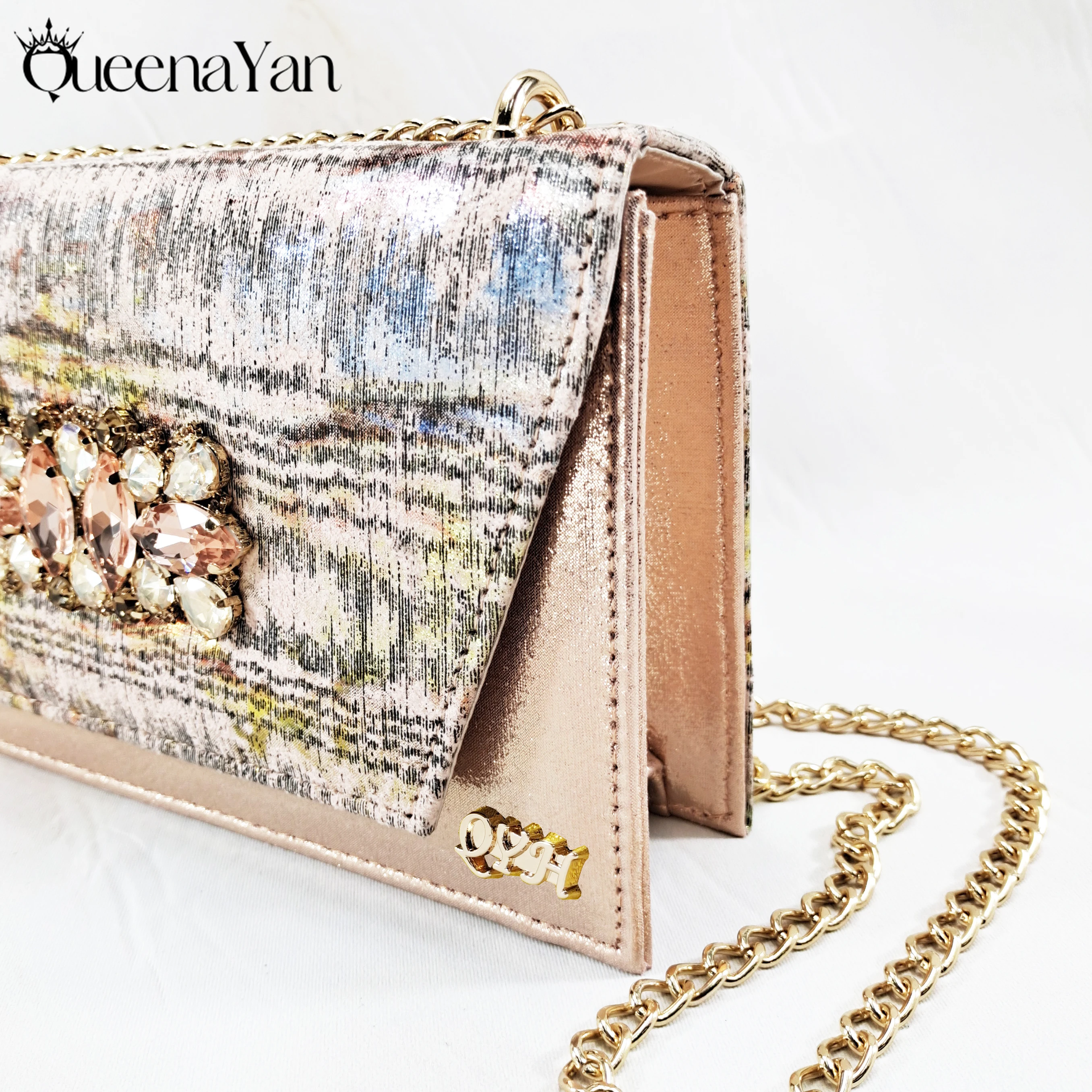 Women High Heel Shoes Elegant Rose Gold Rhinestone Metallic Diamond Accents Paired with Match Handbag Exquisite Special Material