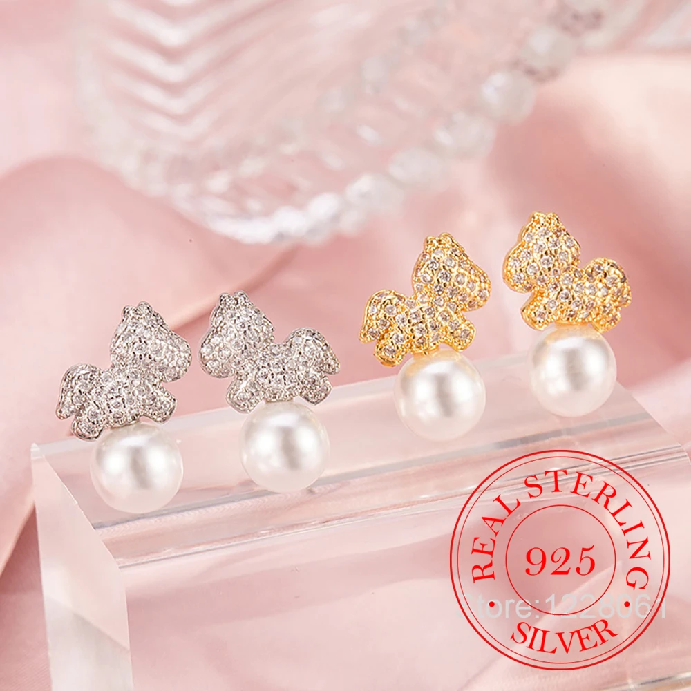 

925 Sterling Silver Jewelry Crystal Horse Pearl Stud Earrings for Women Wedding Party Jewelry for Girls Friend Gift
