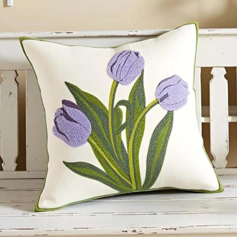 Farmhouse Tulip Cotton Tufted Throw Pillow Cover Spring Floral Embroidery Pillowcase Soft Square Cushion Case for Sofa Couch Bed