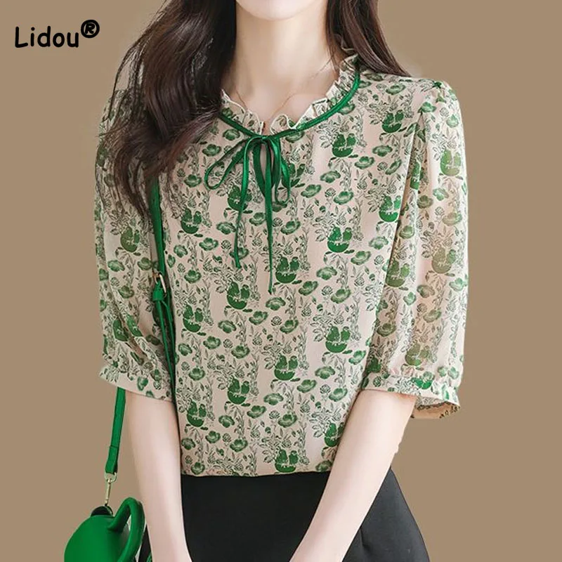 Elegant Temperament Printed Chiffon Blouse for Women 2023 Summer Fashion All-match Short Sleeve Shirt Summer Female Clothing