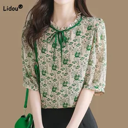 Blusa elegante estampada de chiffon feminina, moda verão, camisa de manga curta que combina com tudo, roupas femininas, 2023