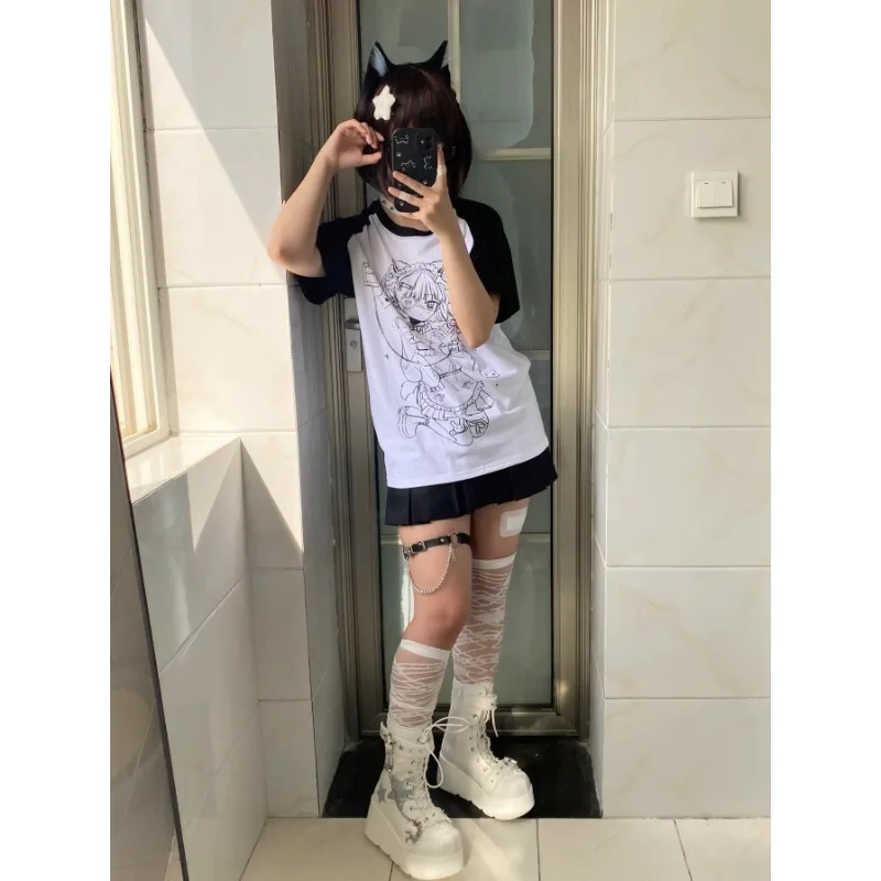 Subculture Summer Short Sleeve T-shirt Y2k Harajuku White Patchwork Women Y2k Top Blue Casual Japanese New Basic 2024 Tees