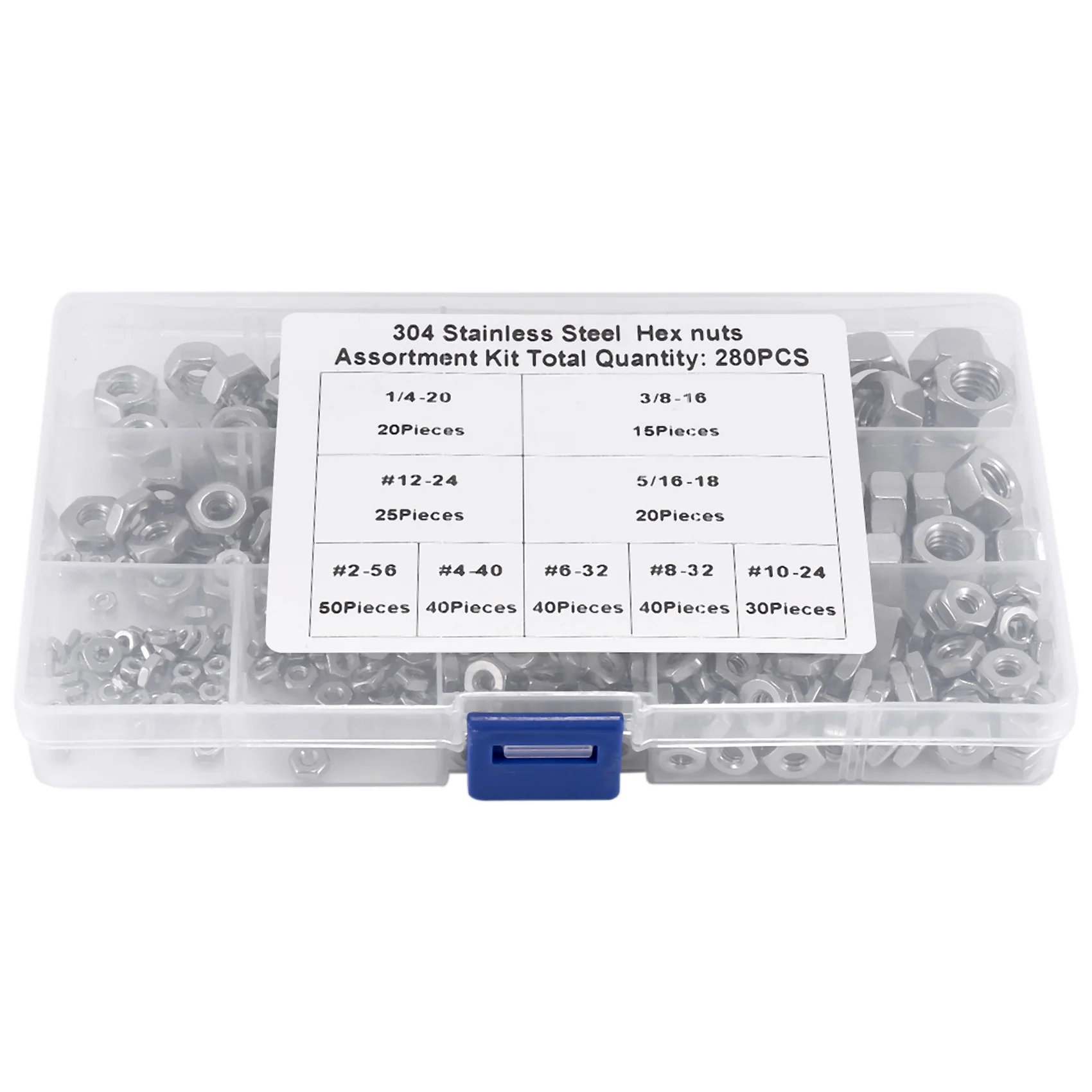 Stainless Steel Nuts 2-56 to 3/8inch-16 UNC Hex Nuts Assortment Kit for Screws Bolts-280Pcs