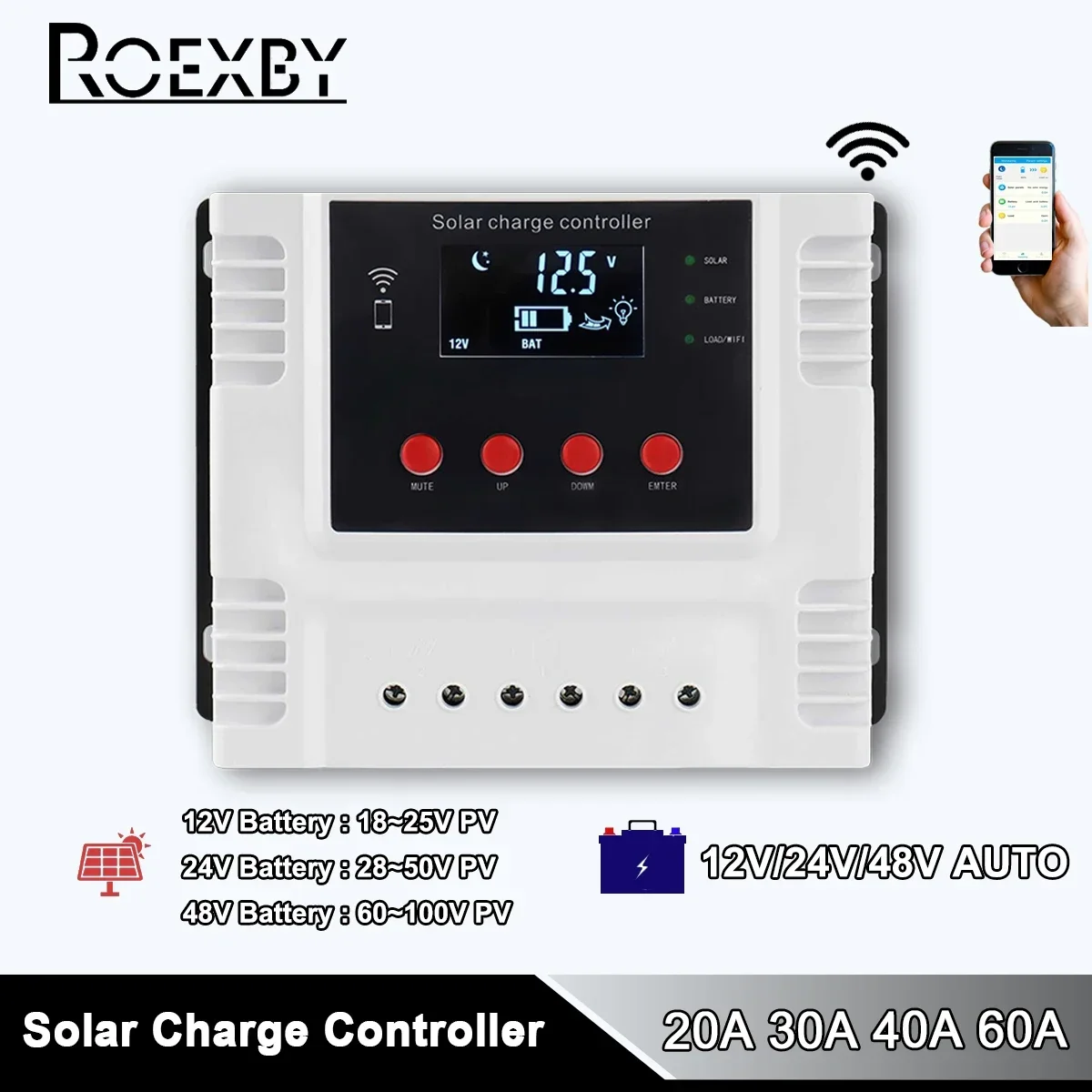 

LED Smart Solar Charge Controller with WiFi App Control for 12V/24V/48V 10-60A Lithium Battery Built-in Circuit Protection