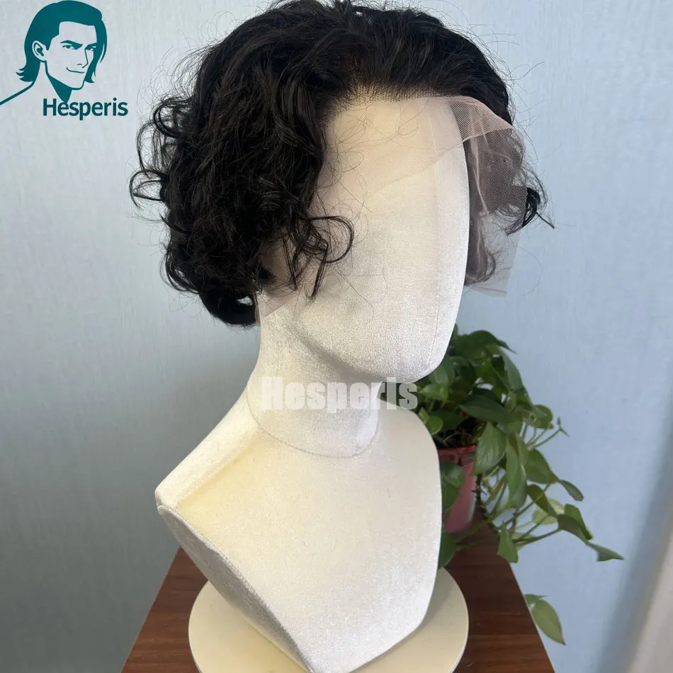 วิกผมผู้ชาย Hesperis สีธรรมชาติ ผมแท้ แบบสั้นหยิก 13x6 วิกผมลูกไม้ด้านหน้า สำหรับผู้ชายหล่อ ใส่ได้ทุกวัน ไม่ต้องใช้กาว วิกผมหยิก