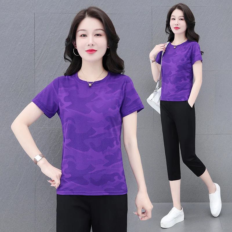 

New Versatile Ice Silk Speed Drying Short Sleeve 7-Point Pants Sportswear Suit Women'S Summer Loose Casual Running Two Piece Set