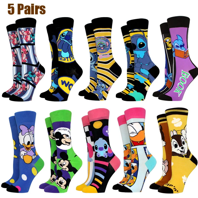 

5 Pairs Creative Cartoon Stitch Women Socks Funny Anime Donald Duck Long AB Style Socks Cute Cosplay Socks Girl Sock Size 36-42