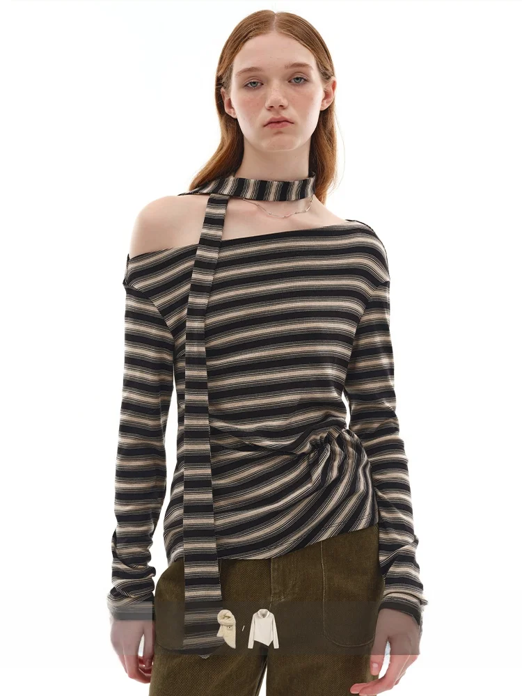 

Ретро шелковая шерстяная футболка с высокой талией, плиссированная вязаная повседневная свободная посадка, длинный полосатый топ для молодых женщин в их 20-х и 30-х годов