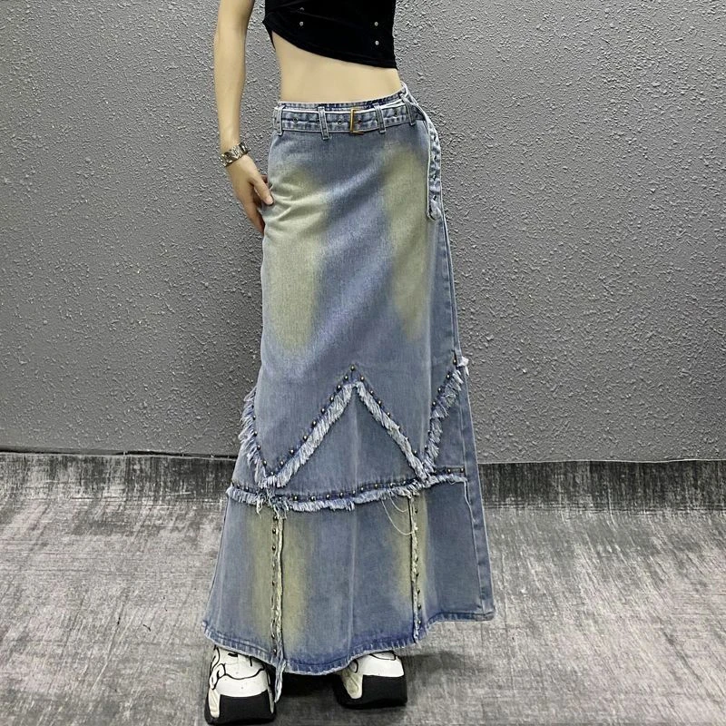 Fashion Personality Patchwork Stud Denim Skirt 2024 New Women\'s Washed Vintage High Waisted Streetwear Oversized A-line Skirt