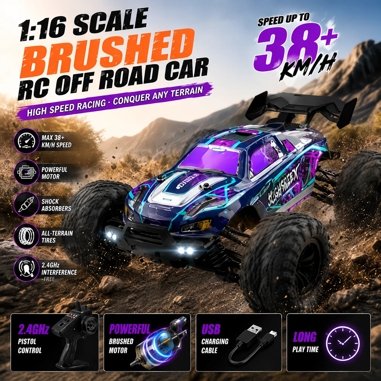 Lucky Play Scy 16101 4Wd Rc Car 1/16 Scale 38Km H High Speed Off Road 4X4 Drift Racing Buggy Truck All Terrain Remote Control