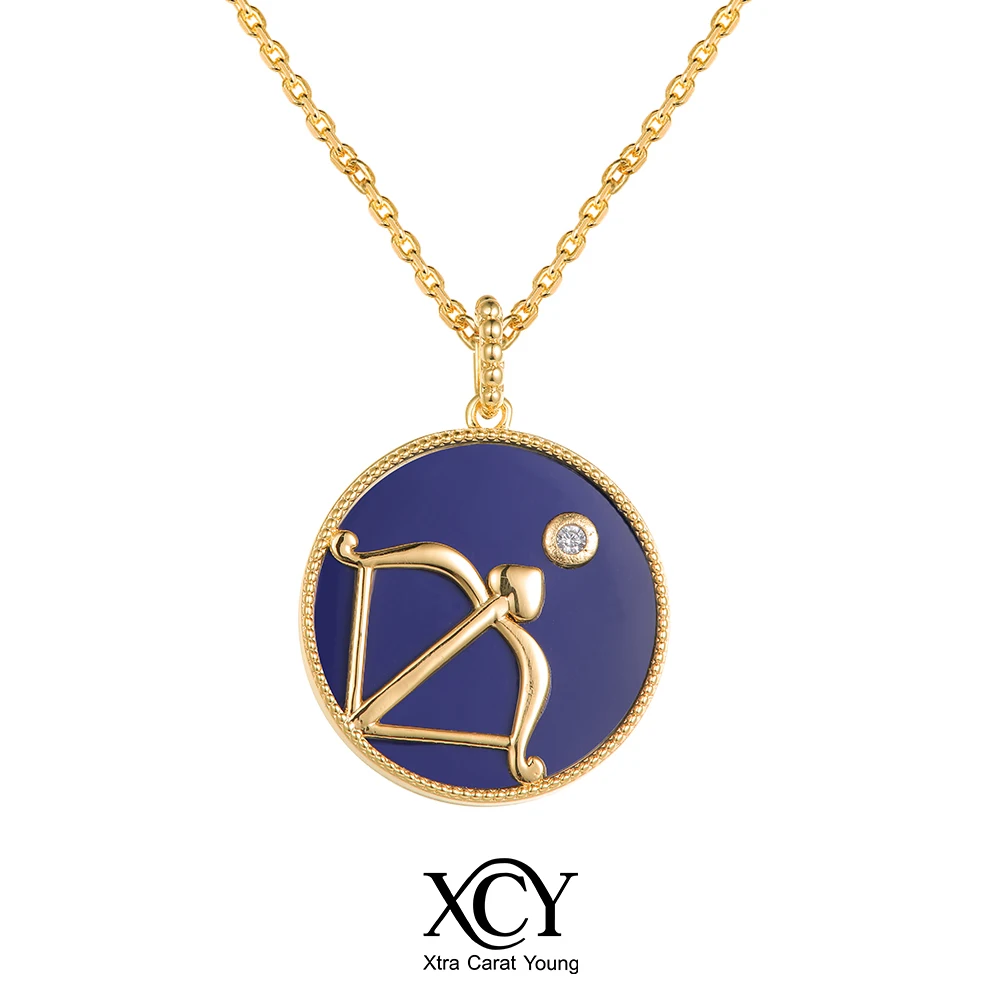 XCY Sagittarius Zodiac Pendant Necklace Women Gold Plated Blue Round Coin Cubic Zirconia Necklaces Constellation Jewelry Gift