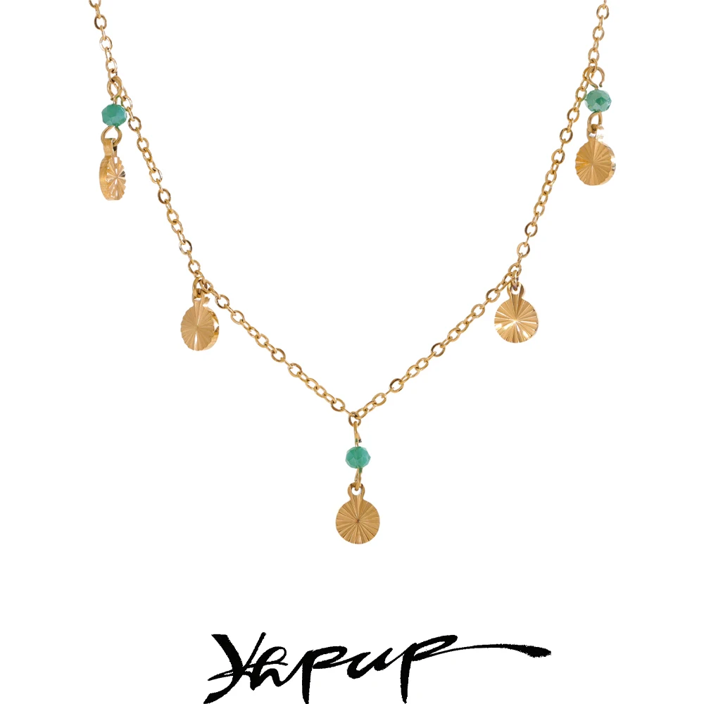 Yhpup 2025 Arrivals Stainless Steel Green Crystal Round Drop Necklace High Quality Trending Collar Jewelry Wholesale