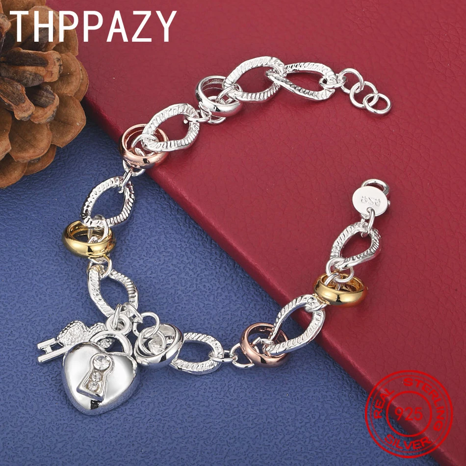 

THPPAZY 925 Sterling Silver Heart Lock/Key Bracelet For Women Birthday Party Gift Fashion Classic Charm Jewelry 8-Inch Bracelet