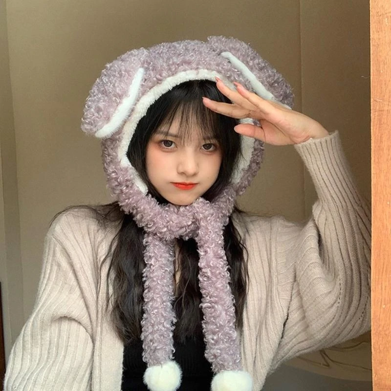 Dulce lindo oso/orejas conejo sombrero con bufanda 2 en 1 peludo leifeng sombrero diadema gorra para hombres mujeres niñas a