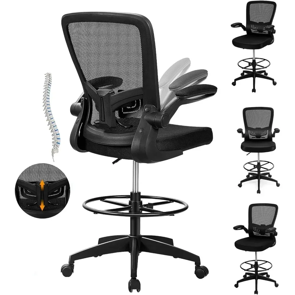 Drafting Chair, Ergonomic Tall Office Chair Stool Standing Desk Chair with High Back and Flip-up Armrests Adjustable Rolling