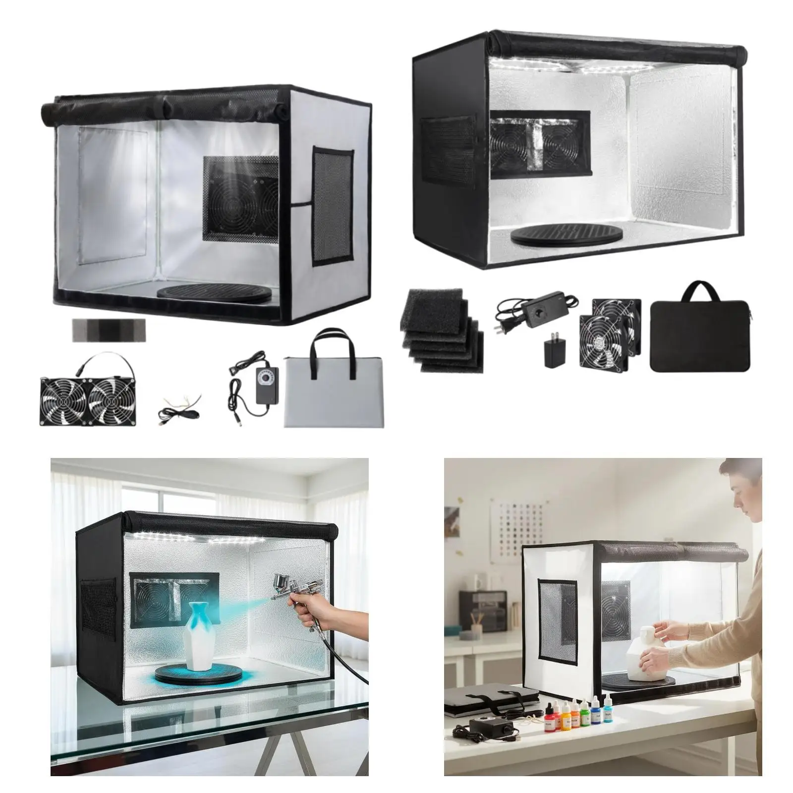 Airbrush Spray Booth Portable Foldable Painting Station with Double Fan Exhaust and 360 Turntable for Home Studio